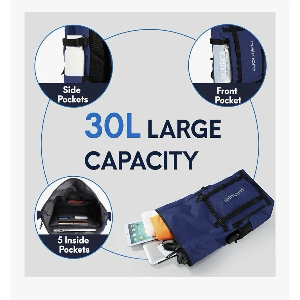 Haimont Roll Top Backpack Navy Blue 20L-30L Expandable Water‎ Resistant Bag